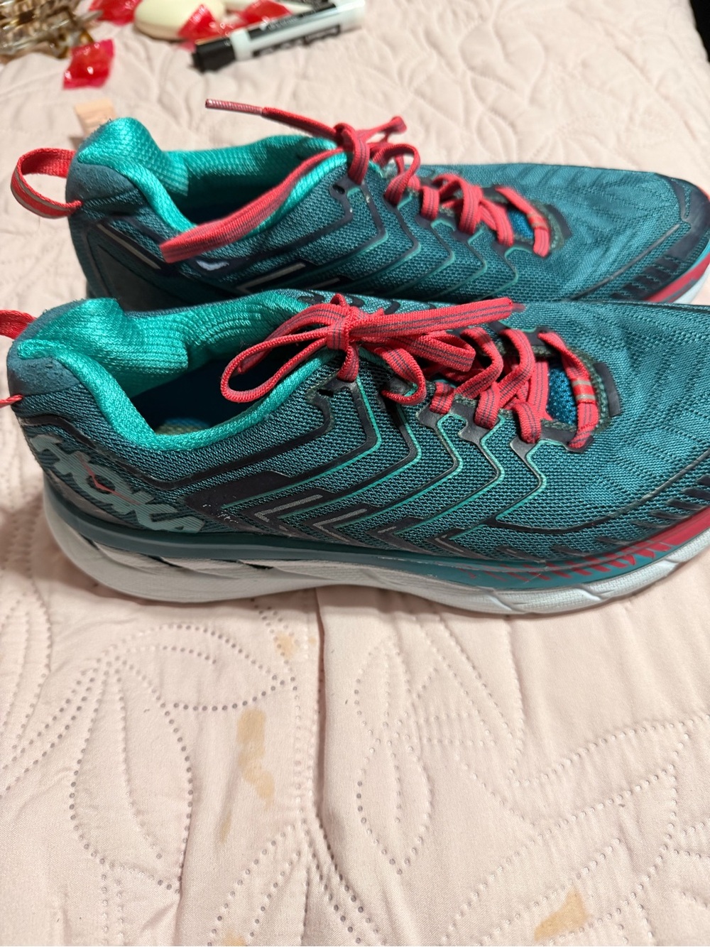 Hoka Teal Athletic Running Shoes with Pink Laces - Picture 2 of 5